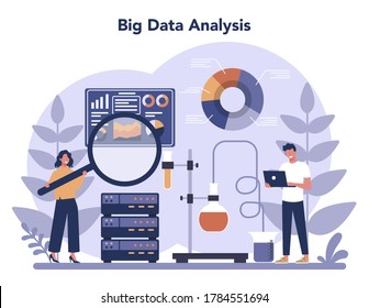 Big data concept. Modern computer technology. Analyzing digital information from the internet and making better business decisions. Isolated flat vector illustration