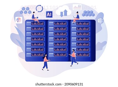 Big data concept. Data science and jobs. Data analysis. Tiny people data engineers. Developer career. Modern flat cartoon style. Vector illustration on white background