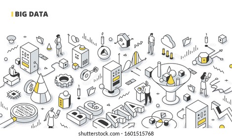 Big data concept. Scientists access, analyze, process and visualize data. They are searching for patterns and trends for efficient business planning. Isometric illustration for web and printed materials