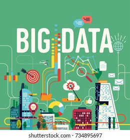 Big data concept vector background. Cool flat design modern illustration on digital data management or analytics in modern world with abstract cityscape, infographic elements, diagrams, charts, etc.