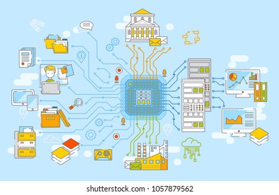 Big data concept vector illustration. Collection of information, data processing, information analysys, data storage.