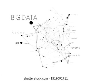Big data concept in word tag cloud with plexud dot and line connection. Vector geometric background illustration