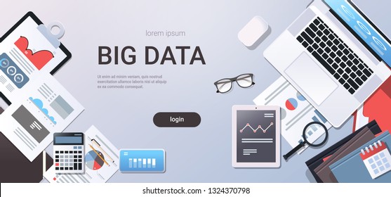big data concept workplace desk with office stuff top angle view tablet laptop computer paper documents report finance graph flat copy space horizontal