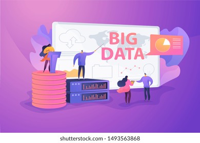 Big data conference, innovative idea presentation, data science meeting concept. Vector isolated concept illustration with tiny people and floral elements. Hero image for website.