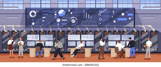 Big data control and analytics center. Information security engineers work with databases and cybersecurity at computers in datacenter. People and digital equipment. Colored flat vector illustration