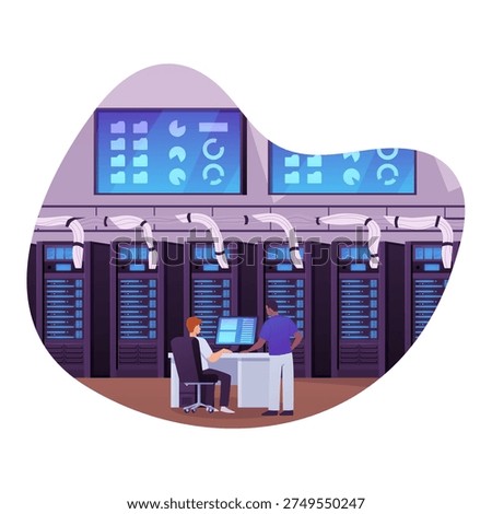 Big data control center. Administrators using computers and analyzing graphs on screens in server room. Vector flat illustration isolated. IT technical department. Database analysis and cyber security