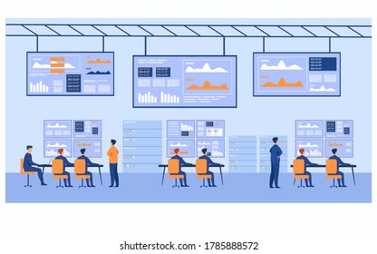 Big data control center. Stock market brokers analyzing financial graphs on screens. Data security engineers using computers and diagrams. For trading, technical department, cybersecurity topics