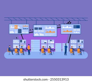 Centro de controle de Big Data. Corretores do mercado de ações analisando gráficos financeiros em telas. Engenheiros de segurança de dados que usam computadores e diagramas. Para negociação, departamento técnico, tópicos de cibersegurança