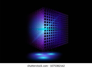 Big data cube. 3D geometric cube from small pieces. Artificial intelligence. Big data smart system. Programming, Coding. Vector Illustration. 