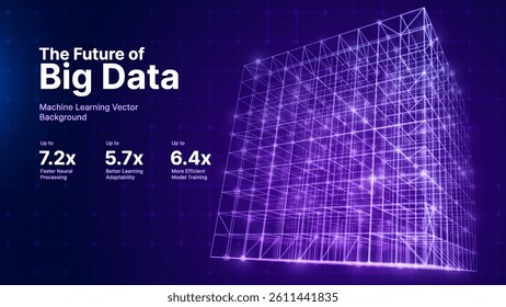 Big Data Cube with Glowing Grid Lines in 3D Space. Abstract Technology Background for Machine Learning, AI, and Data Science Concepts. Futuristic Wireframe. Vector Illustration.