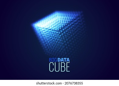 Big Data Cube Quantum Computer Server Concept Background. Light Dots with Depth of Field Effect. Data Sorting. Artificial Intelligence HUD Design Element.