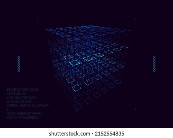 Big Data Cube Quantum Computer Server Concept Background. 3D Blockchain Cube Blocks Concept. Data Sorting. Artificial Intelligence HUD Design Element.