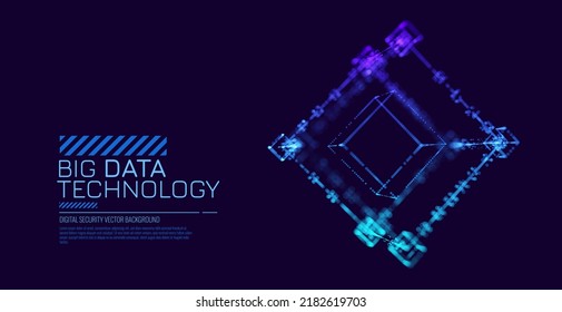 Big Data Cube Quantum Computer Server Concept Background. Light Dots with Depth of Field Effect. Data Sorting. Business Server Security Artificial Intelligence HUD Design Element.