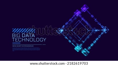 Big Data Cube Quantum Computer Server Concept Background. Light Dots with Depth of Field Effect. Data Sorting. Business Server Security Artificial Intelligence HUD Design Element.