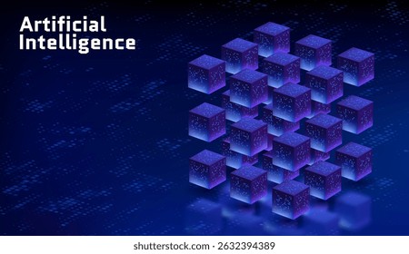Sistema de cubo Big Data conceito de servidor de computador quântico luz de fundo pontos profundidade de efeito de campo classificação de dados inteligência artificial HUD elemento de design