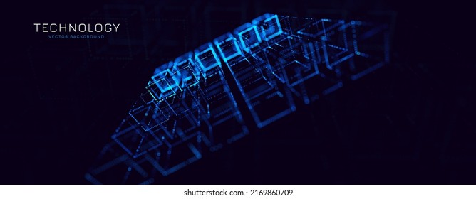 Big Data Cubes Quantum Computer Server Concept Background. 3D Blockchain Cube Blocks Concept. Data Sorting. Artificial Intelligence HUD Design Element. Abstract Blue Technology Vector Banner.