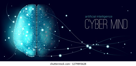 Big Data, Cyber Brain Concept with Information Connection. Artificial Intelligence (AI), Digital Technology and Virtual Reality. Machine Learning for Analysis of Big Data. Cyber Mind with Data Stream.