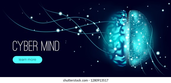 Big Data, Cyber Brain Concept with Information Connection. Artificial Intelligence (AI), Digital Technology and Virtual Reality. Machine Learning for Analysis of Big Data. Cyber Mind with Data Stream.
