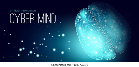 Big Data, Cyber Brain Concept with Information Connection. Artificial Intelligence (AI), Digital Technology and Virtual Reality. Machine Learning for Analysis of Big Data. Cyber Mind with Data Stream.