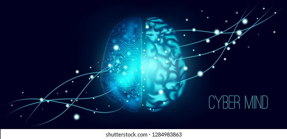 Big Data, Cyber Brain Concept with Information Connection. Artificial Intelligence (AI), Digital Technology and Virtual Reality. Machine Learning for Analysis of Big Data. Cyber Mind with Data Stream.
