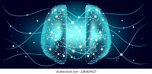 Big Data, Cyber Brain Concept with Information Connection. Artificial Intelligence (AI), Digital Technology and Virtual Reality. Machine Learning for Analysis of Big Data. Cyber Mind with Data Stream.