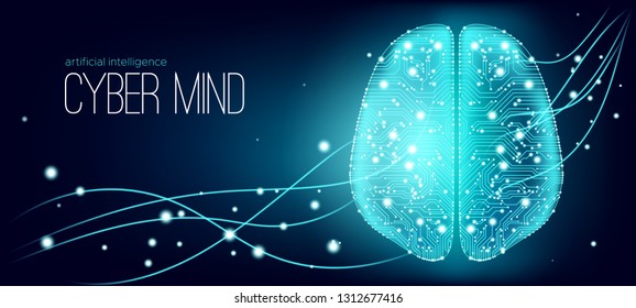 Big Data, Cyber Brain Concept with Information Connection. Artificial Intelligence (AI), Digital Technology and Virtual Reality. Machine Learning for Analysis of Big Data. Cyber Mind with Data Stream.