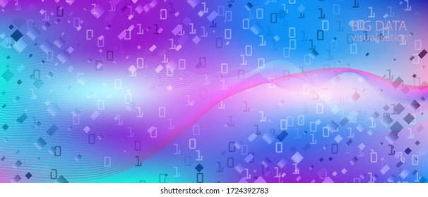 Big Data Cyber Vector Equalizer. Pink Purple Blue Background. Neon Tech Colorful Modern Design. Fractal Flow Code Matrix Falling Binary Code. Digital Equalizer Slide. Big Data Cyber Banner