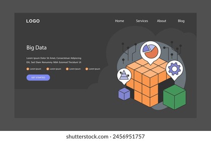 Big Data dark or night mode web, landing. Datasets with advanced analytics. Intricate network of data processing and storage. Centralized information management. Flat vector illustration