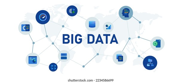 BIg data database concept illustrated interconnected blue icons white background wide header corporate format