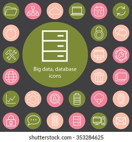 big data, database outline, thin, flat, digital icon set for web and mobile