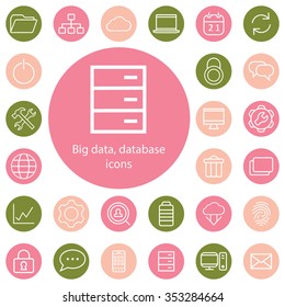 big data, database outline, thin, flat, digital icon set for web and mobile