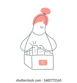 Big Data, deep learning, archiving, studying, content research, registration, systematization of information icon concept. Cute girl iterates over files in a file cabinet. Flat liner vector.