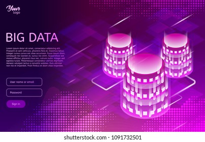 Big data design concept. Isometric vector illustration in ultraviolet colors.