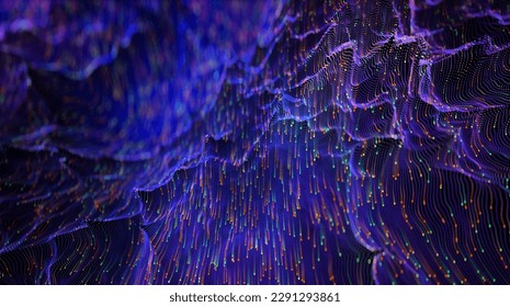 Big data digital background, violet dot waves with trails, anamorphic blur. Sharp mountains. Matrix trails.