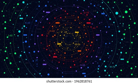 Big data digital cloud with numbers and circular structure, color visualization of information flow analysis process, vector business illustration