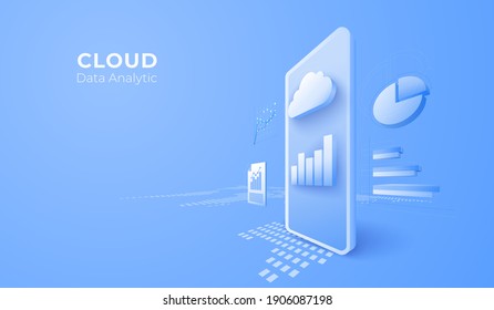 Big data digital technology for business analytic concept. 3D mobile phone with cloud background. vector art illustration