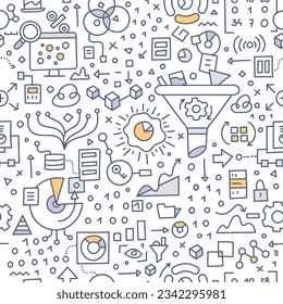 Big data. Doodle seamless pattern. Features a multitude of illustrated elements symbolizing various aspects and tools of data collecting, processing and analysing