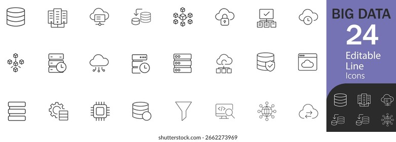 Ícone editável Big Data definido no estilo de linha fina moderno. Ícones de Big Data para aplicativos móveis e da Web. Inclui banco de dados, data center, hospedagem e muito mais. Ilustração de vetor linear.