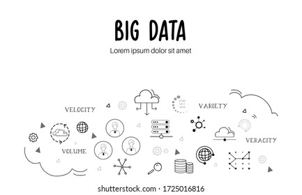 Big Data elements banner. Flat black and white big data icons and keywords such as database, storage, user, backup, cloud, web etc.