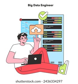 A Big Data Engineer is depicted in a relaxed pose, confidently managing vast datasets, symbolizing the crucial role of data analysis in the tech industry.