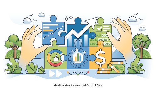 Big data in finance with economical money information outline hands concept. Gathering market trends for investment forecasting and financial software automation vector illustration. Collecting info.