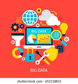 Big Data Flat Concept. Poster Design Vector Illustration. Set of Business Analytics Objects.