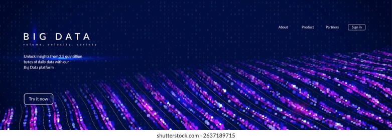 Big Data Flow Abstract Background. Technology Bg With Dynamic  Lines, Dots And Numbers For AI Network. A Purple, Glowing Particle Grid, Visualizing Artificial Intelligence. Blue Tech Big Data Flow