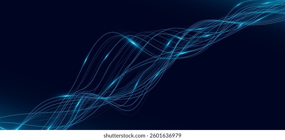 Big Data flow background. Connected glowing dotted lines with light effect. Neural network backdrop. Vector illustration. EPS 10