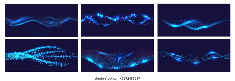 Grandes fondos de banner de flujo de datos. Partículas azules en movimiento, flujo abstracto futurista y conjunto de vector de ondas cibernéticas de fondo de papel tapiz futurista ilustración brillante