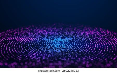 Big Data Flow Circular Particles Tech Business or Science Background. Science Research or Cyber Tech Innovation Online Webinar Presentation Event. Illustration Backdrop.