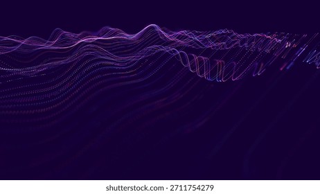 Flujo De Big Data Con Ondas De Partículas Brillantes Sobre Fondo Oscuro. Concepto Abstractas de la red neuronal de la IA y de la comunicación digital. Diseño tecnológico futurista. Ilustración vectorial.