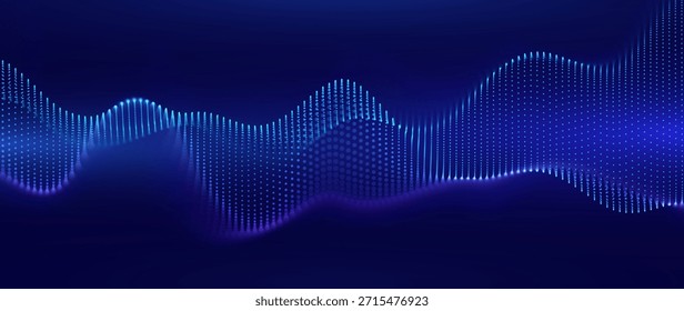 Flujo De Big Data Con Ondas De Partículas Brillantes Sobre Fondo Oscuro. Concepto Abstractas de la red neuronal de la IA y de la comunicación digital. Diseño tecnológico futurista. Ilustración vectorial.
