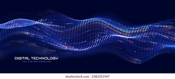 Big Data Flow Particles Dots. Digital Neural Network. Concept of AI Artificial Intelligence Technology Machine Deep Learning. Digital Communication. Scientific Research Presentation Vector.