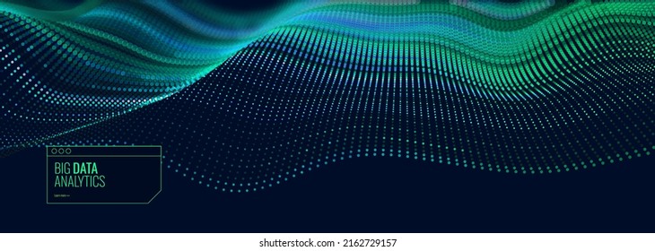 Big Data Flow Particles. Vector Background. Data Transfering Dots Network. Abstract Quantum Computer Technology Bigdata. Digital Technology Computer Science Concept. Business Data Vector Illustration.